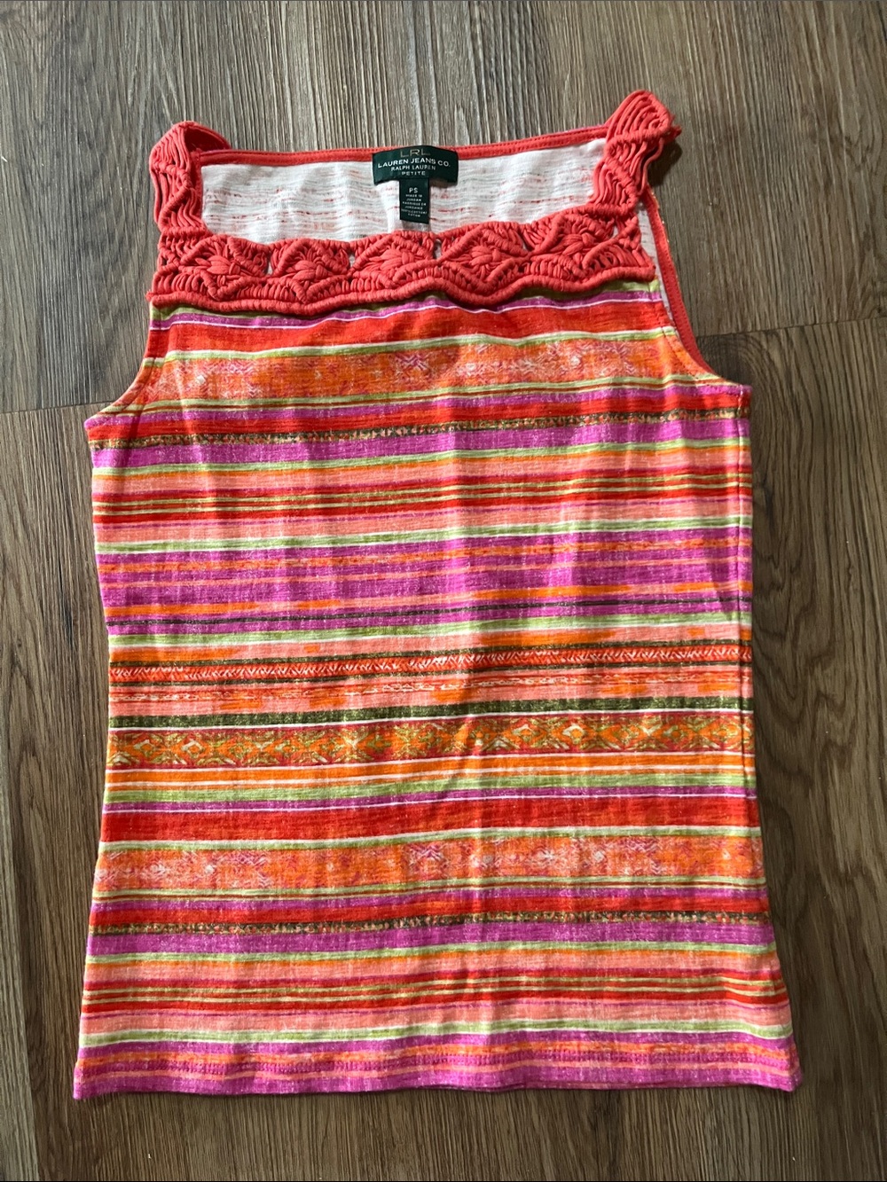 Lauren Ralph Lauren Orange and Pink Striped Crochet-Trim Tank PS